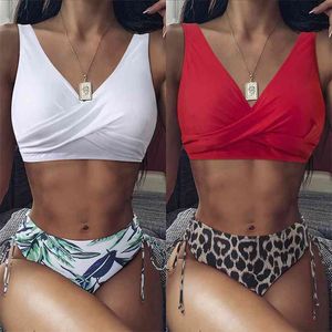 Tie Dye Bikini Wysoka Talia Push Up Leopard Elastyczna Band Swimsuit Seksowny Biquini z regulowaną pasek Swimwear Kobiet 210625