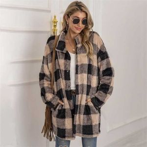 Jesień Długie Faux Fur Coat Kobiety Plaid Jacket Płaszcz Zimowy Kobiety Z Długim Rękawem Puszysty Teddy Jacket Panie Ciepła Pluszowa Kurtka Kobieta 211110