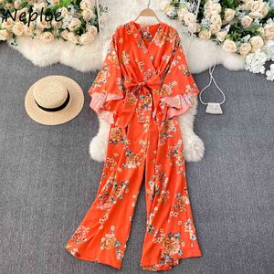 Neploe print bohemian semester jumpsuit kvinnor oregelbunden design hög midja hip bredben bodysuit v neck flare långärmad playsuit 210423