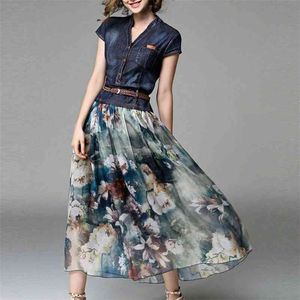 Denim Dress Long Women's Casual Chiffon Patchwork Floral Print Sommar Kvinna Maxi Klänningar Med Bälte Japan Mode Style 210630