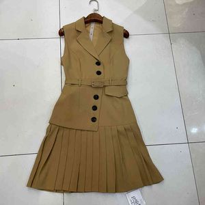 Spring Female Sashes Asymmetrical Casual Notched Collar Solid Color Sleeveless Pleated Hem Blazer Dress 2F0589 210510