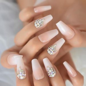 False Nails Ombre Press On With Rhinestones Diamond Gradient Color Fake Nail Ccoffin Medium Long Tips