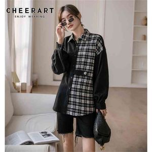 Jesień Z Długim Rękawem Koszula Kobiety Platt Patchwork Top Black Button Up Casual Casual Koreański Bluzka Odzież 210427