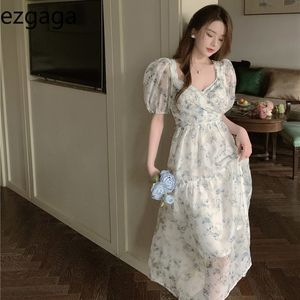 Ezgagaヴィンテージ花柄プリントドレス女性半袖Vネック韓国のファッションシックなハイウエストシーススルーエレガントなドレスvestidos 210430
