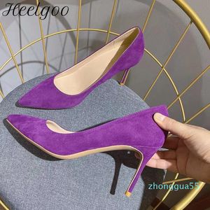 Платье обувь каблуки пурпурные фланцы женские заостренные пальцы на высоком каблуке формальные элегантные дамы классические замшевые шпильковые насосы цвета настраивают
