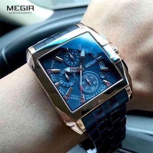 MEGIR Men's Stainless Steel Watches Men Fashion Luxury Blue Rose Gold Wristwatch Man Waterproof Luminous Military Sport Watch 210407
