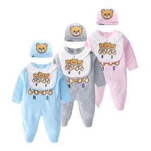 Detal Noworodek Kombinezon Baby Romper 2PCS Zestaw Z Cap Bawełna Niedźwiedź Drukowane Jednoczęściowe Onesies Chłopcy i Dziewczyny Odzież Body Torddle Infant Kids Designer Odzież