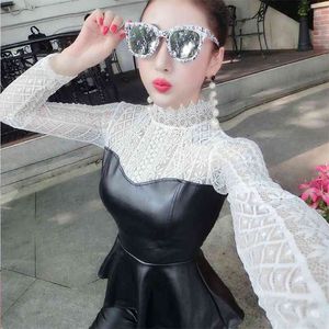 Sexy Transparent T-shirts Women Spring Autumn Lace Embroidery PU Patchwork Peplum Skirt Stretchy Club Tops Long Sleeve T99691 210421