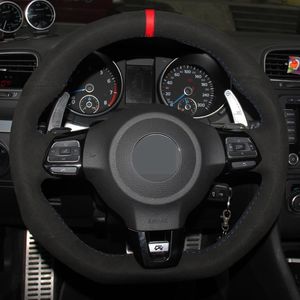 Araba Direksiyon Kapağı Siyah Yumuşak Süet Volkswagen Golf 6 GTI MK6 VW Polo GTI Scirocco R Passat CC R-Li için El-Dikişli