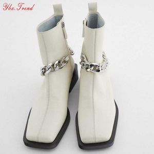 ZA المرأة الأحذية الكاحل الأحذية لينة بو الجلود سلسلة معدنية الأزياء سيدة قصيرة التمهيد الكعوب سميكة سستة الخريف البريطانية الأحذية الإناث Y0914
