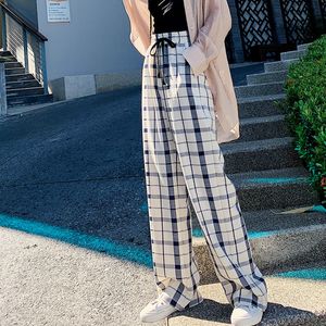 Women Plaid Cotton and Linen Pant Spring Summer Fashion Loose Wide Leg High Waist Full Length Casual Trousers 210423