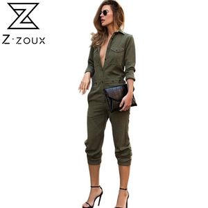 Kobiety Jumpsuit Army Green Pajacyki S High Waist Slim Long Sleeve Moda 210513