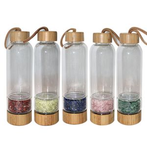 450ML Portable Crystal Glass Cup Natural Crystals Gravel Water Bottles Energy Bamboo Cover Kettle Outdoor Sports Water Cups