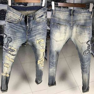 Streetwear denim punk byxor patch designer mode män jeans retro gul blå förstörda rippade hip hop smala byxor