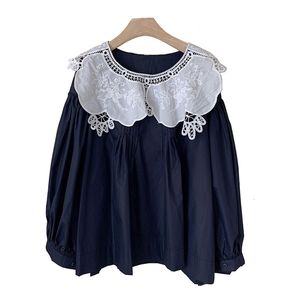 Camicetta a maniche lunghe da donna Camicetta a sbuffo Colletto in pizzo solido bianco navy Mori Girl Sweet Japan Style B0692 210514