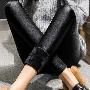 Outono inverno grosso leggings moda sólida calça magro senhora lã calçados quentes casuais preto brilhante cintura alta cintura leggings 211117