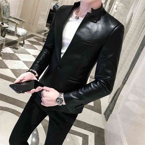 Solid Black Slim Fit Blazer Hombre PU Leather Jacket Men One Button Business Casual Prom Blazers For Korean Suit Coat 210904