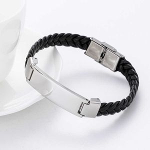 Stainless Steel Blank Id Tags Leather Bangles for Engrave Leather Braid Bracelet with Metal Plate Wholesale 10pcs Q0720