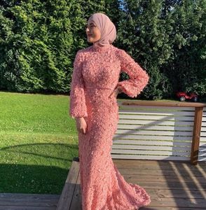 2021 Burgundy Muslim Formal Evening Dresses Mermaid Style Long Sleeve Sweep Train Lace 3D Floral Flowers Prom Party Gowns Special Occasion Wear