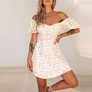 Short Sleeve Women's Mini Dresses A-line Floral Print Summer Beach Boho Rushed Lace Up Vestidos De Mujer 210427