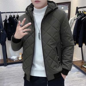 BROWON Winter Jacket Men Thick Long Sleeve Argyle Hooded Cotton Oversized Plus Velvet Zipper Parkas 211214