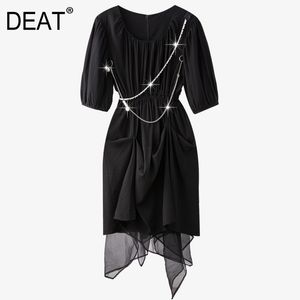 Black irregular pérola cadeia decorativa malha costura bolha bolha manga curta vestido de cintura plissado mulheres verão gx1238 210421