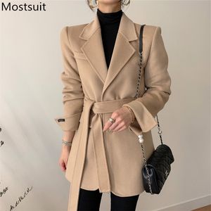 Korean Woolen Belted Women Suit Blazer Winter Long Sleeve Single-breasted Coat Jacket Office Workwear Elegant Ladies 210518