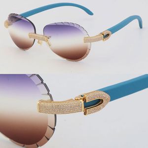 New Model Micro paved Luxury Diamond Set Womens Men Sunglasses Blue Wood Rimless Sun glasses Male and Female Frame With Oversized Round Lens K Gold Driving Eyewear