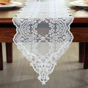 White Lace Table Runner Europe Embroidered Table Flag Jacquard Table Cloth Coffee Tv Cabinet Long Tablecloth Wedding Decoration 211117