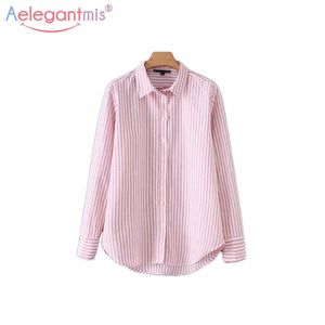 Aelegantmis Spring Summer Fashion Women Striped Blouse Turn-down Collar Long Sleeve Loose Blouses Ladies Casual Shirts Tops 210607