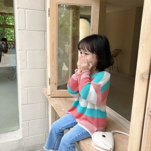 Koreański styl jesień luźne cienkie swetry z dzianiny do mody dziewczyny długim rękawem tęczy sweter paski 210508