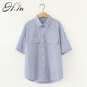 Hsa Women's Shirts Office Lady Tops Short Sleeves Button Up Women Clothing Striped Spring Fashion Turn-Down Collar Blouses 210417