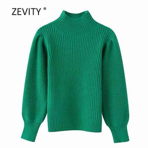 Kobiety Moda Zielona Kolor Turtleneck Dorywczo Knitting Sweter Kobiet Po prostu Puff Sleeve Skoczkami Chic Marka Pullover Topy S333 210420