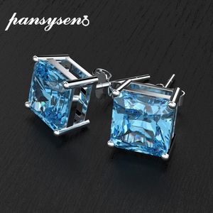 Stud PANSYSEN 100% 925 Sterling Silver 7MM Aquamarine Emerald Ruby Birthstone Ear Earrings For Women Wedding Gift Drop