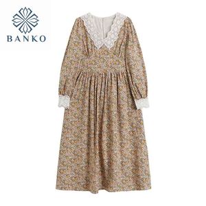 Retro Klänningar för Kvinnor Elegant Vintage Långärmad Blackyellow Frocks Kvinna Lace V Neck Koreansk Spring Beach Dress 210515