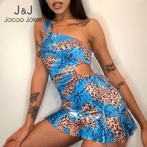 Jocoo Jolee Women Summer Printing Ruffle Hollow Y2K Vintage Camouflage Drawstring One Shoulder Mini Dress Party Club Outfit 210518