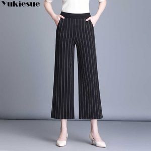 Streetwear Summer Paski Damskie Proste Spodnie Kobieta Wysoka Talia Szeroka Noga Capris Dla Kobiet Spodnie Kobieta Plus Rozmiar 210608