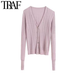 TRAF Women Fashion Jewellery Buttons Cable-knit Cardigan Sweater Vintage V Neck Long Sleeve Female Outerwear Chic Tops 210415