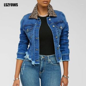 Kvinnors Jackor Kvinnor Leopard Patchwork Denim Höst Vinter Långärmad Beskuren Jean Coat Mode Vintage Kort Jacka Kvinna Streetwear