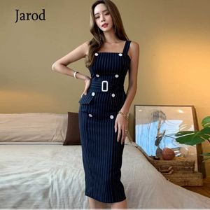 Double-breasted Belted Sheath Pencil Dress Women Summer Stripe Dresses Ol Business Work Weating to Office Vestidos 210518