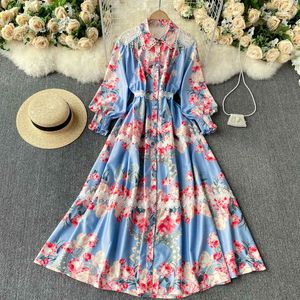 Singreiny Women Court Wind Print Maxi Klänning Splice Lace Now-down Collar Button Puff Sleeve Klänning Höst Boho A-Line Long Dress 210419