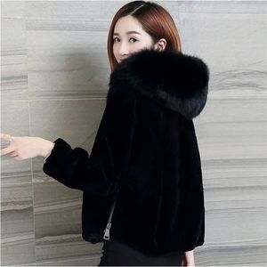 Faux Fur Coat With Hood Fashion Slim Black Faux Fur Jacket Fake Rabbit Fur 210925
