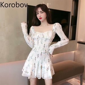 Korobov Koreański Chic Kwiat Drukuj Kobiety Sukienka Vintage Kwadratowy Kołnierz Ruched Kobiet Suknie A-Line High Waist Vestidos 2A646 210430