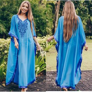 Kobiety V Neck Long Beach Cover Up Pareos de Playa Mujer Blue Beachwear plus Bikini Kaftan Robe Plage Sarong Swimsuit żeński pływanie kobiet