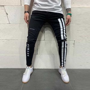 Rua legal jeans homens calças casuais denim calças listrado zíper denim buraco vintage hip hop trabalho calças calças jeans lavar lápis x0621