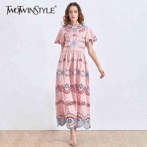 Twotwinstyle Vintage Drukowane Haft Sukienka Dla Kobiet O Neck Krótki Rękaw Wysokowy Talia Eleganckie Suknie Kobiet Letni Moda 210517