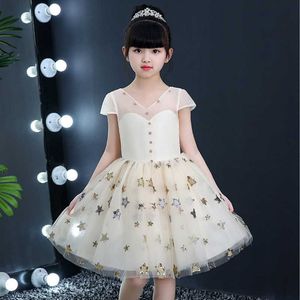 Retail Flower Girl Princess Dress Sequins Star Buttons Party Wedding Birthday Piano Performing Evening Gown HX001 210610