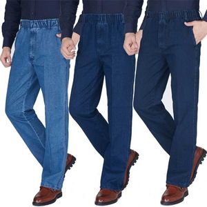 Tunna män jeans elastiska midja djupa medelålders män byxor lös denim hög tyg vår och sommar 211108