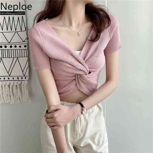 Neploe Frauen T-shirts Sommer Shirts Abgeschnitten Pullover Mode Koreanische Kleidung V-ausschnitt Stricken Frau T-shirt Crop Tops Damen Pullover 210422