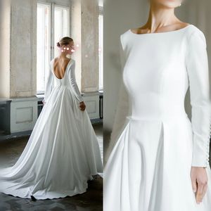 Simple White Satin Wedding Dresses Long Sleeve Backless Bridal Gowns Floor Length Beach Garden Vestido De Noiva 328 328